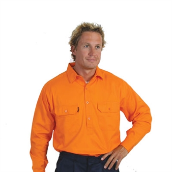 -Hivis Close Front Cotton Drill Shirt - Long Sleeve, Gusset Sleeve