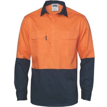 -Hivis Two Tone Close Front Cotton Drill Shirt - Long Sleeve, Gusset Sleeve