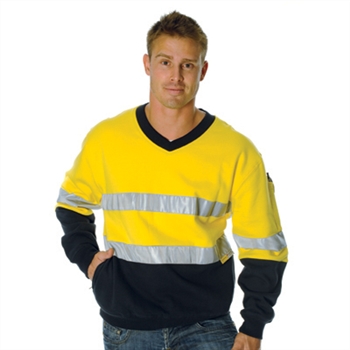 -Hivis Two Tone Cotton Fleecy Sweat Shirt, V-Neck With 3M Reflective Tape