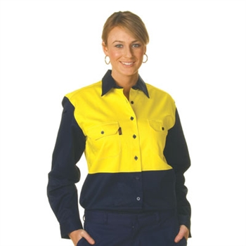 -Ladies Hivis Two Tone Cotton Drill Shirt, L/S &gt; 190 Gsm Regular Weight