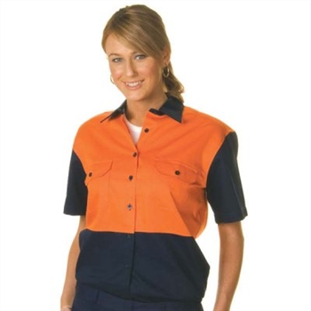 -Ladies Hivis Two Tone Cotton Drill Shirt, S/S &gt; 190 Gsm Regular Weight