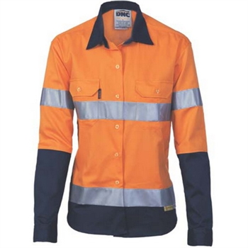 -Ladies Hivis Two Tone Drill Shirt With 3M 8910 R/Tape, L/S &gt; 190 Gsm Regular Weight