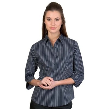 -Ladies Stretch Yarn Dyed Contrast Stripe Shirt, 3/4 Sleeve