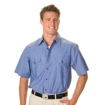 -Mens Twin Flap Pocket Cotton Chambray - Shortsleeve